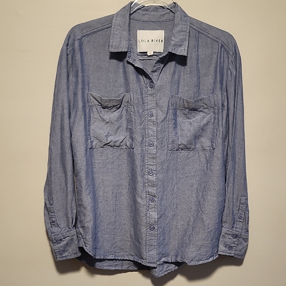 Lola River Women's Lightweight And Casual Blue Button Down Long Sleeve Shirt - Picture 3 of 7